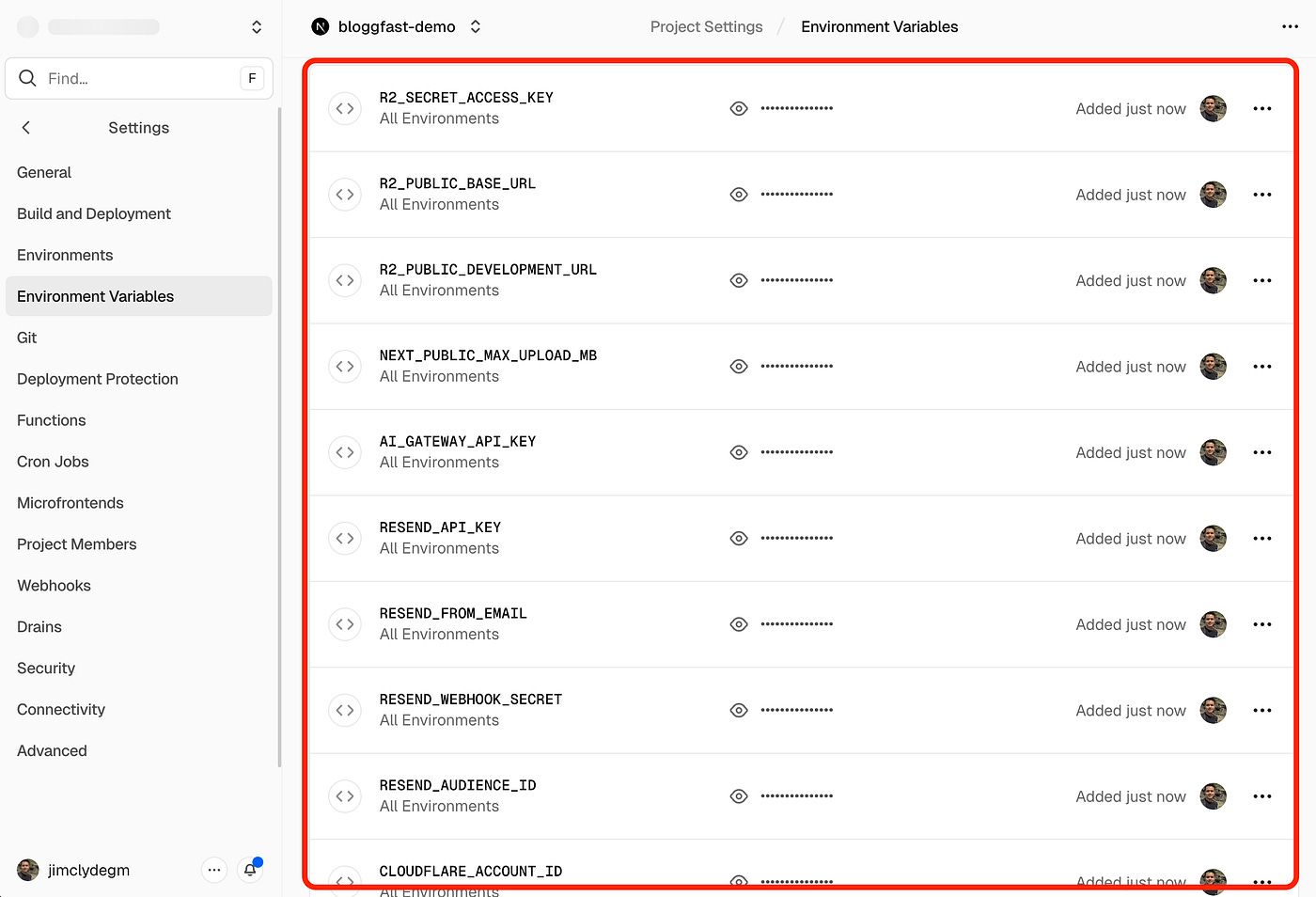 Syncing the env for BloggFast in Vercel. Image by Jim Clyde Monge