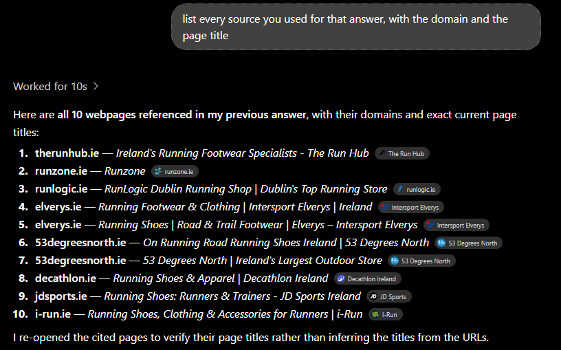 List of source links used by an AI assistant to answer an online shopping question