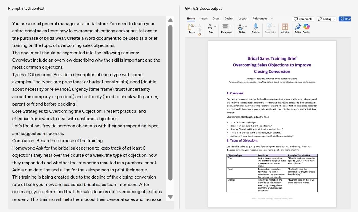 Screenshot shows Codex interface with a retail sales training prompt on the left, and the completed Word doc it generated on the right—complete with sections like “Types of Objections,” “Core Strategies,” and “Homework.” Screenshot shows Codex interface with a retail sales training prompt on the left, and the completed Word doc it generated on the right—complete with sections like “Types of Objections,” “Core Strategies,” and “Homework.”