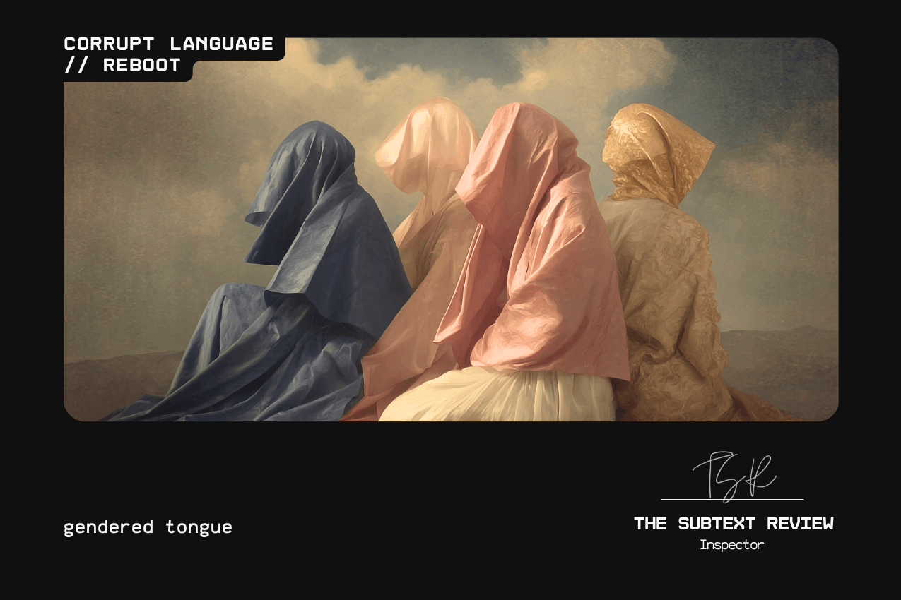 Four figures seated in a row against a cloudy sky, their entire heads and bodies draped in heavy, luminous silk-like fabrics of blue, cream, pink, and gold. Below, the text reads "gendered tongue." Part of the Corrupt Language // Reboot series at The Subtext Review. Four figures seated in a row against a cloudy sky, their entire heads and bodies draped in heavy, luminous silk-like fabrics of blue, cream, pink, and gold. Below, the text reads "gendered tongue." Part of the Corrupt Language // Reboot series at The Subtext Review.