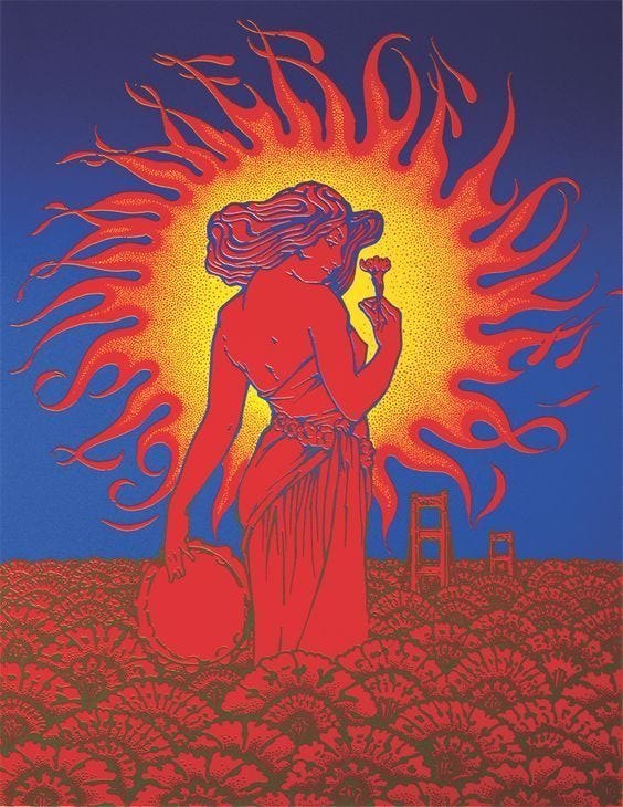 This may contain: an image of a woman holding a jug in front of a sun with flames on it