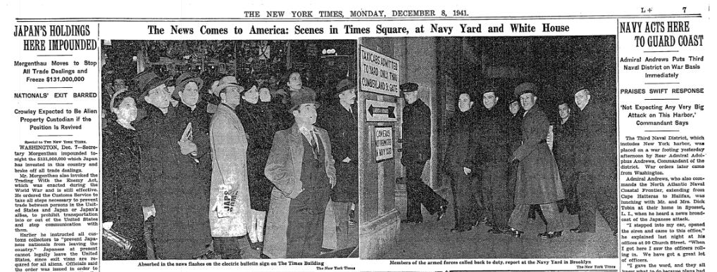 On December 7, the Met presented a gala concert with selections from works that included Cavalleria Rusticana, Don Carlo, and Tannhäuser. That morning, the United States entered World War II when Japanese forces bombed Pearl Harbor.