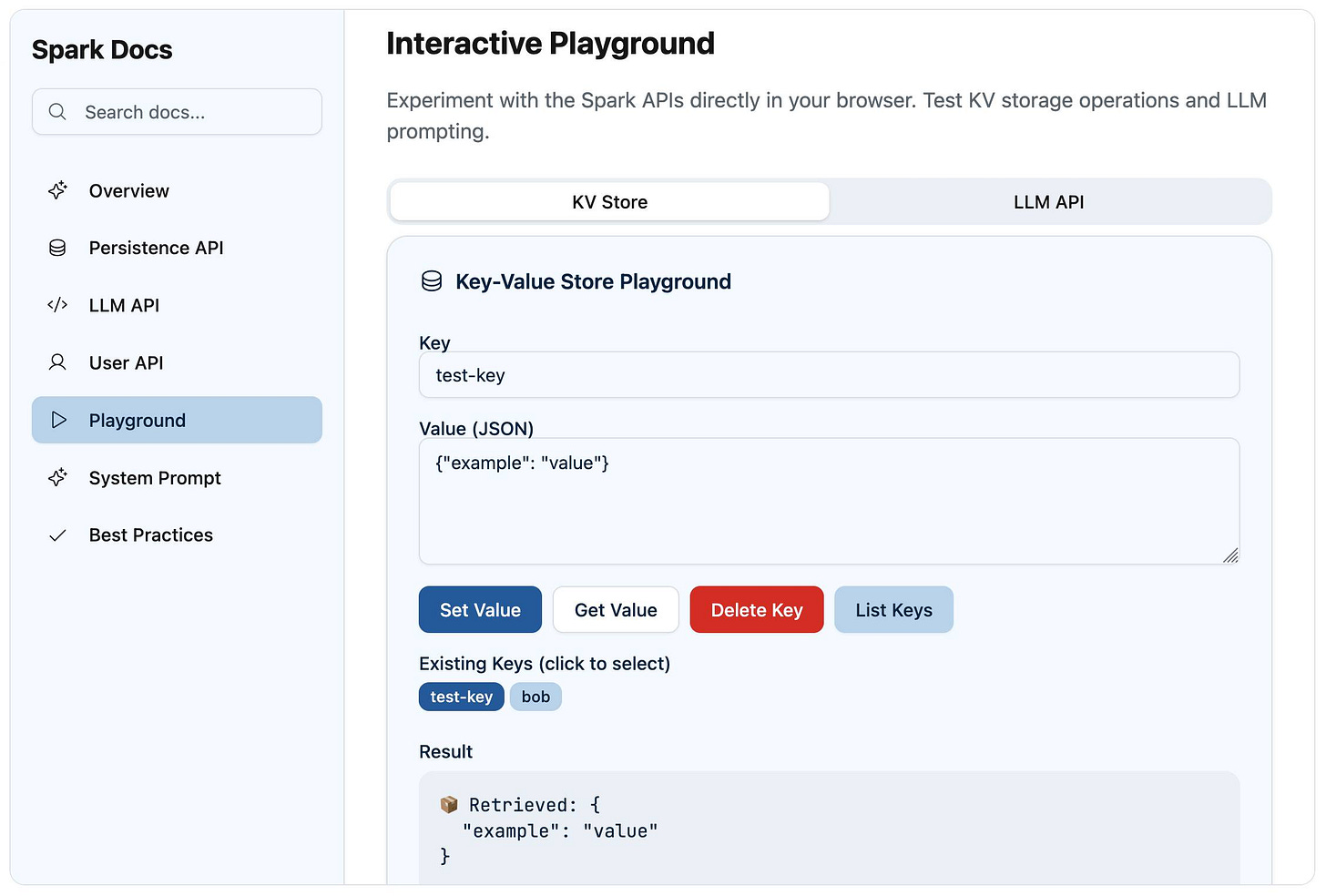 A new Playground menu item has been added, revealing an Interactive Playground with tabs for KV Store and LLM API. The Key-VAlue Store Playground lets you set a key and value, get a value, delete a key and list keys. The existing keys are test-key and bob. The value for test-key is JSON {"example": "value"}