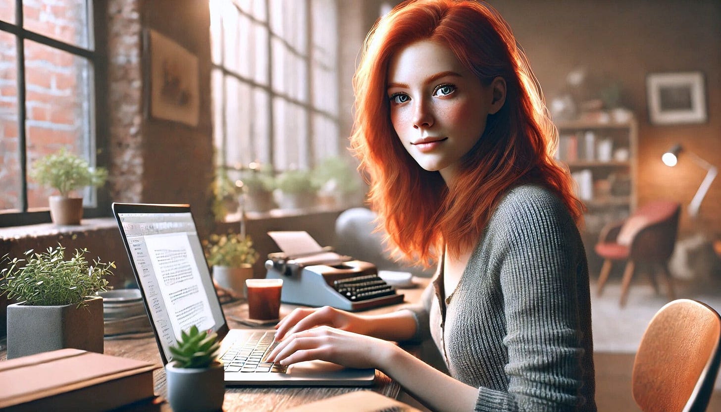 A young woman with russet-red hair and a natural appearance sitting at a cozy desk, typing on her laptop amidst warm lighting and greenery. The workspace includes a vintage typewriter, potted plants, and a rustic, book-filled background.