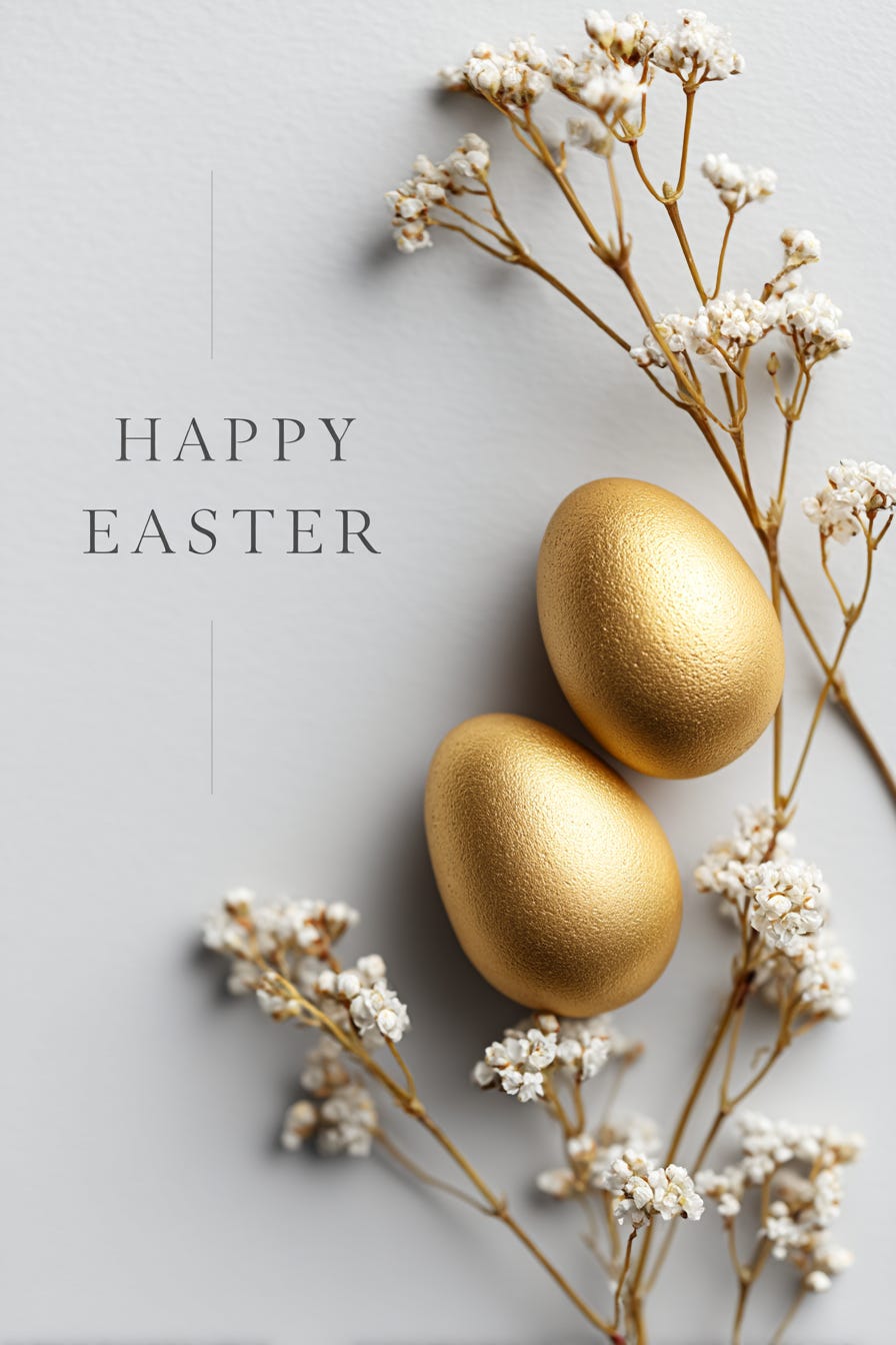 minimalist "Happy Easter" composition, golden eggs, elegant typography, soft floral accents, modern clean layout --ar 2:3 --profile vumoqva --v 7
