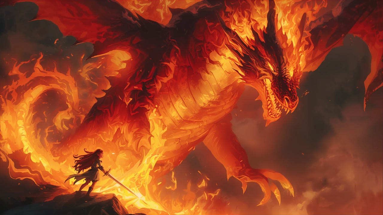 A small silhouetted figure with a sword stands before a massive fire dragon emerging from flames and smoke. The dragon towers over the person, its body made of swirling orange and red fire against a dark background. The figure stands firm in a confrontational stance, facing the overwhelming creature. A small silhouetted figure with a sword stands before a massive fire dragon emerging from flames and smoke. The dragon towers over the person, its body made of swirling orange and red fire against a dark background. The figure stands firm in a confrontational stance, facing the overwhelming creature.