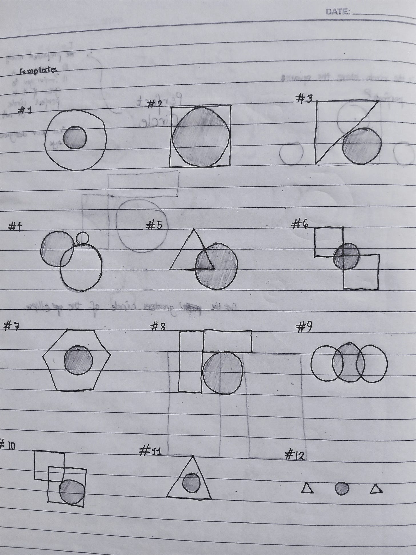 A handwritten page showing 12 numbered geometric shape combinations with circles, squares, and triangles in various arrangements.