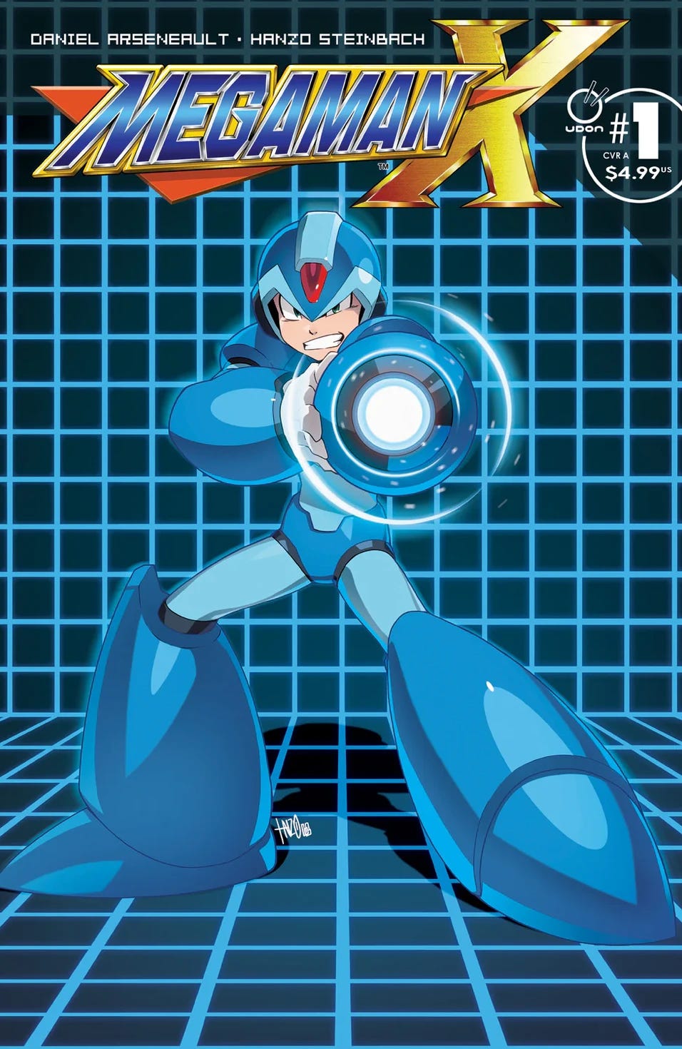 Clean Mega Man X cover with a digital grid background. Mega Man X is front and center, aiming his charged arm cannon directly at the viewer with a determined expression. A glowing energy shot is ready to fire.