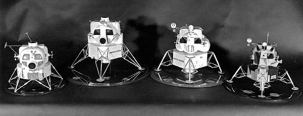 Models depicting the design evolution of Grumman’s Apollo Lunar Module design. L-R: 1962, 1963, 1965, 1969. (Source: NASA) Models depicting the design evolution of Grumman’s Apollo Lunar Module design. L-R: 1962, 1963, 1965, 1969. (Source: NASA)