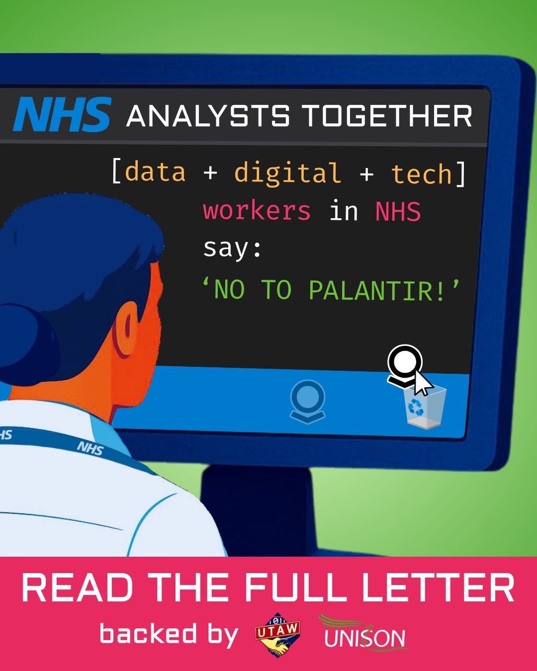 Person at computer screen, screen says that digital and data workers say No to Palantir Person at computer screen, screen says that digital and data workers say No to Palantir