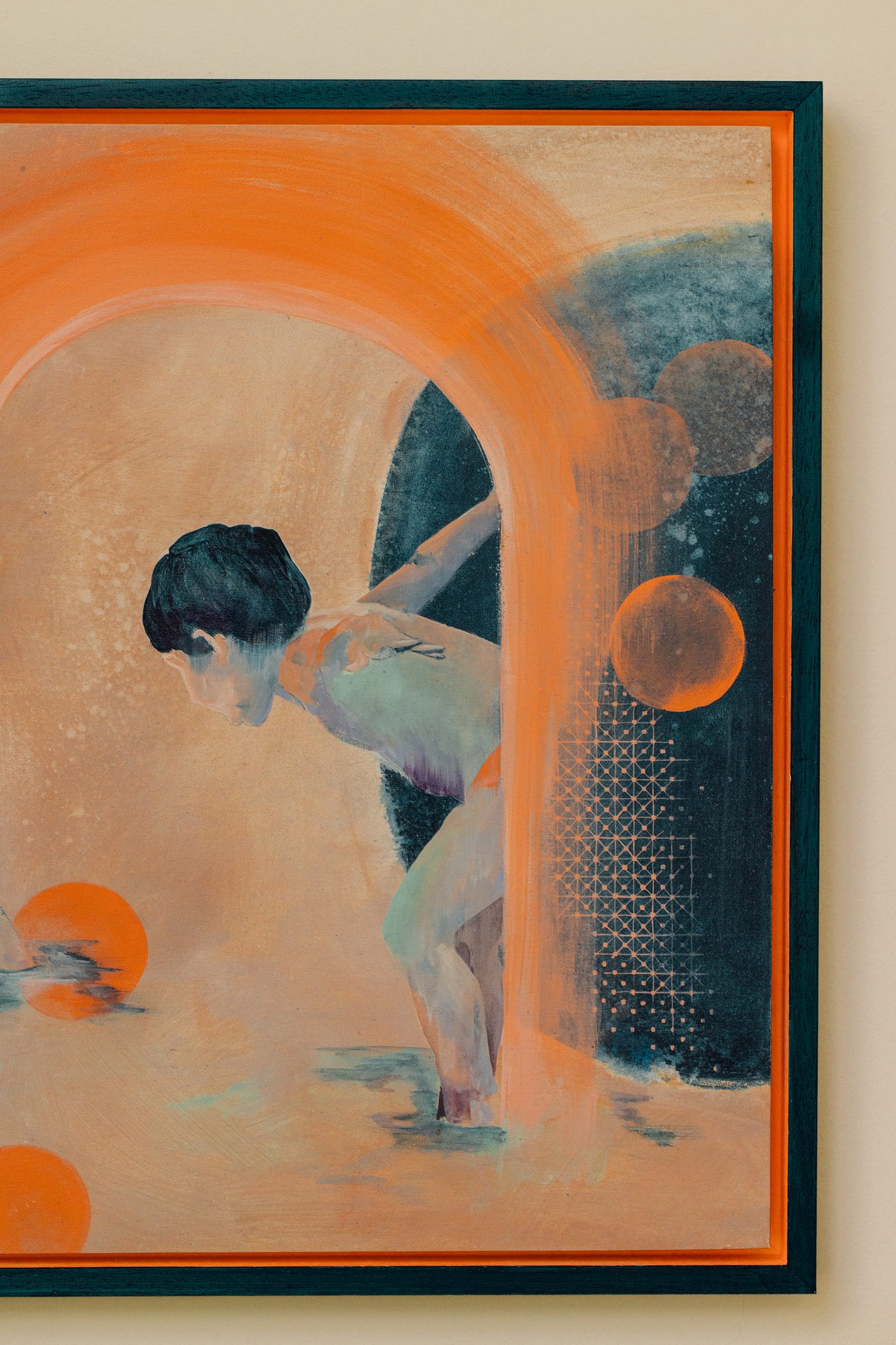 Detail of Assia Bennani's Playtime showing a child bending toward the water under an orange arch, with a dark doorway and a fine white grid pattern behind.