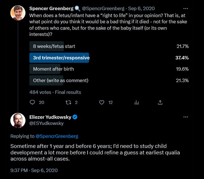 Yudkowsky saying that children don't have a right to life until sometime between the ages of 1 and 6. Yudkowsky saying that children don't have a right to life until sometime between the ages of 1 and 6.