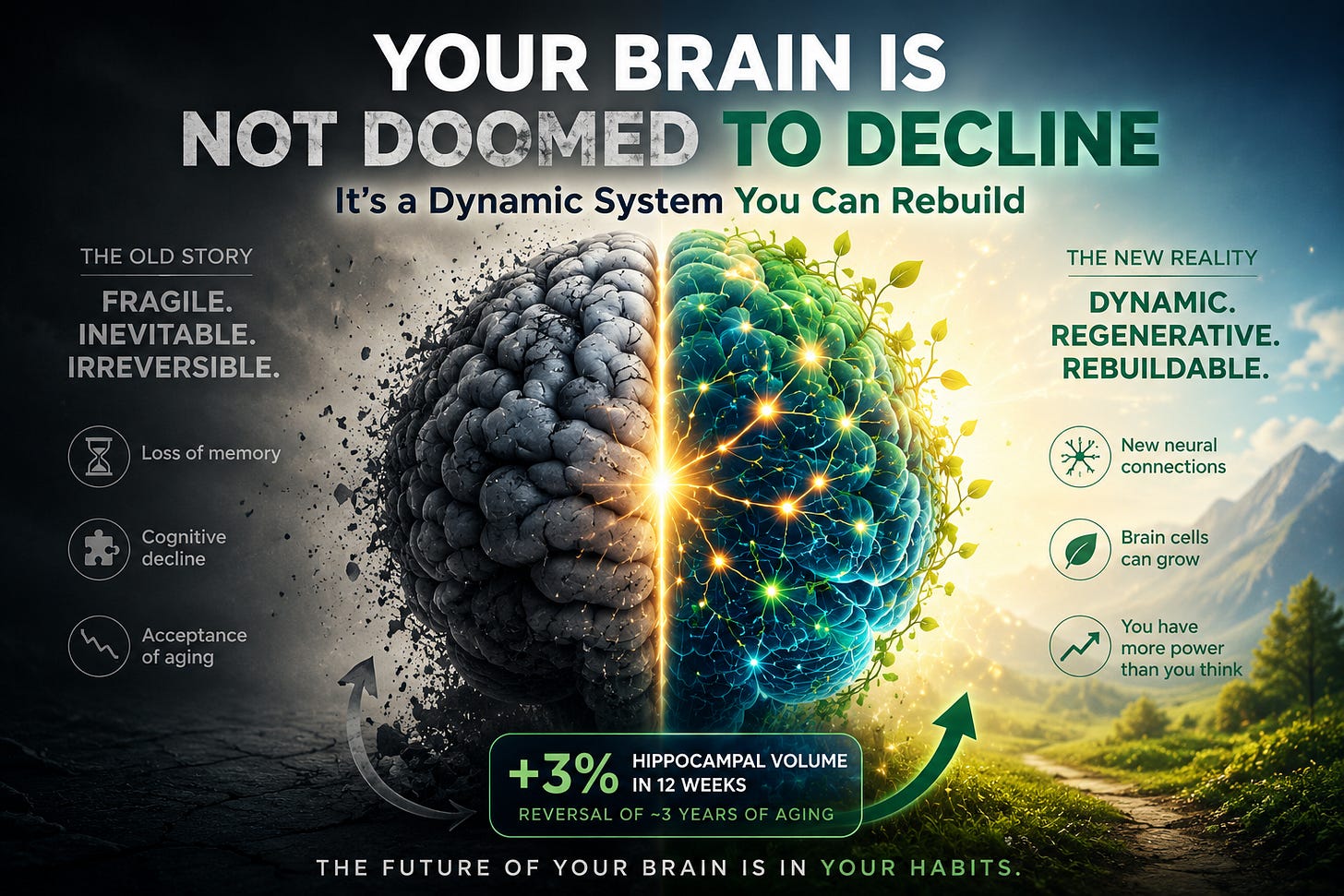 Split illustration of a human brain: the left half appears dark, cracked, and deteriorating, while the right half is bright, glowing, and filled with neural connections and new growth, symbolizing the brain’s ability to regenerate and improve. Split illustration of a human brain: the left half appears dark, cracked, and deteriorating, while the right half is bright, glowing, and filled with neural connections and new growth, symbolizing the brain’s ability to regenerate and improve.