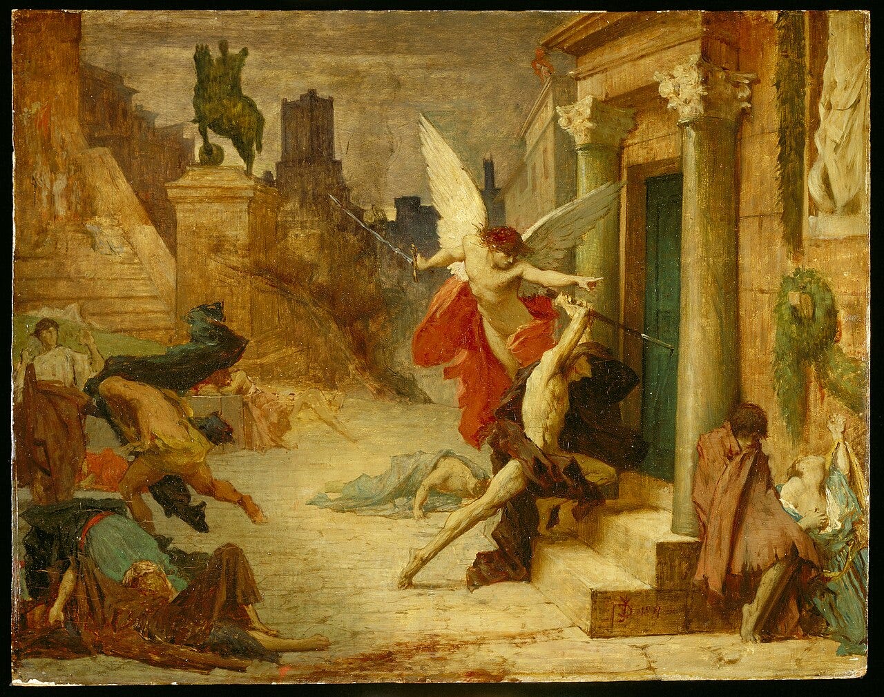 An angel directing a demon to strike plague on houses An angel directing a demon to strike plague on houses