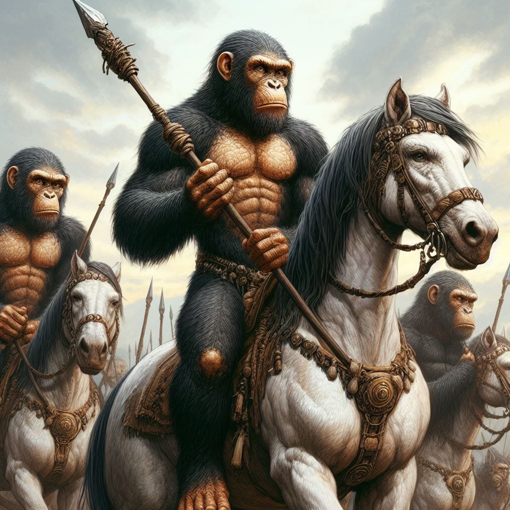 humanoid apes riding horses and holding spears