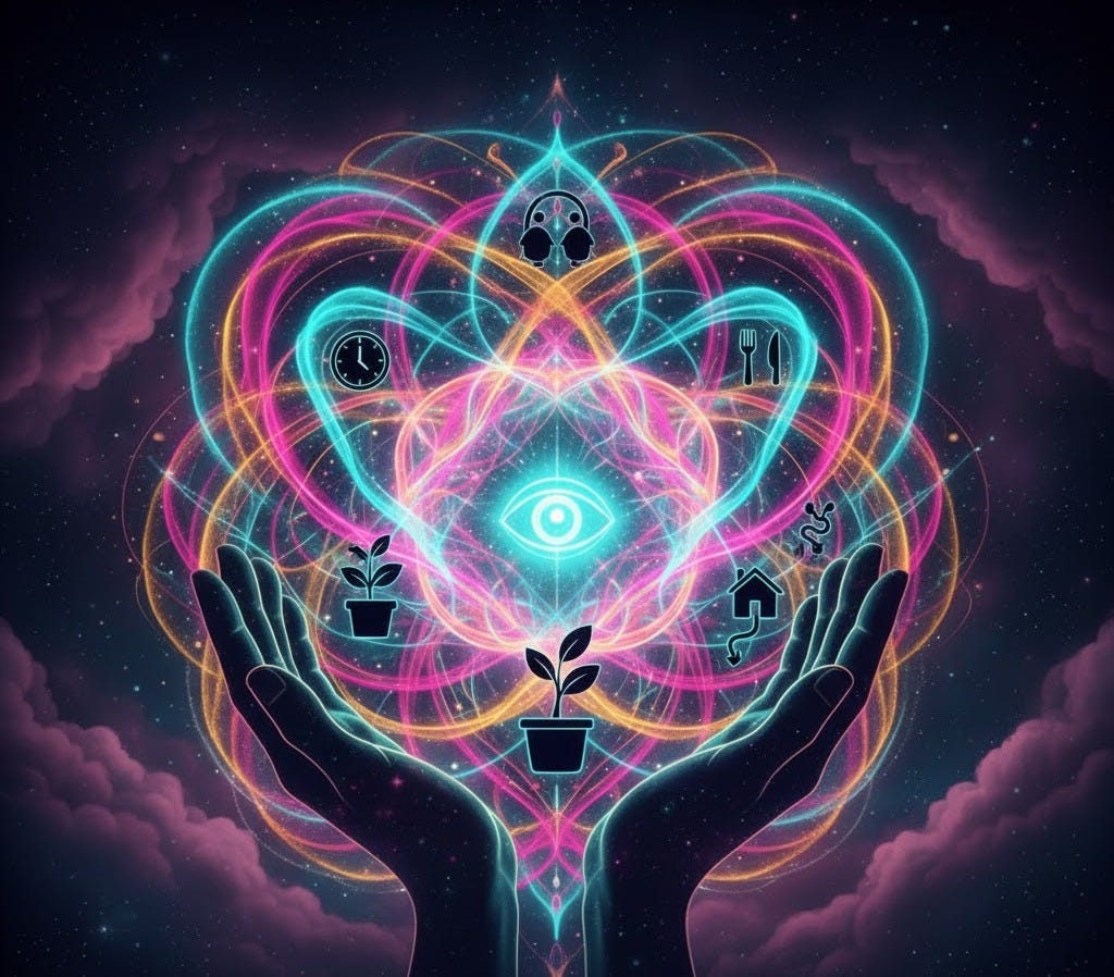 A pair of silhouetted hands with palms facing upward, set against a vibrant, cosmic background of pink and purple clouds and a star-filled dark sky. From the hands and between them, intricate patterns of glowing light waves in shades of pink, orange, blue, and teal radiate outward, forming layered, heart-like and floral shapes. Floating within these energetic patterns are various small, subtle icons representing daily life: a clock, a fork and knife, headphones, a house, a snake-like symbol, and small potted plants. At the very center of the radiant energy is a single, prominent glowing eye, symbolizing intuitive awareness. The overall image has a mystical and ethereal quality, suggesting a connection between hands-on daily life and heightened intuitive perception.
