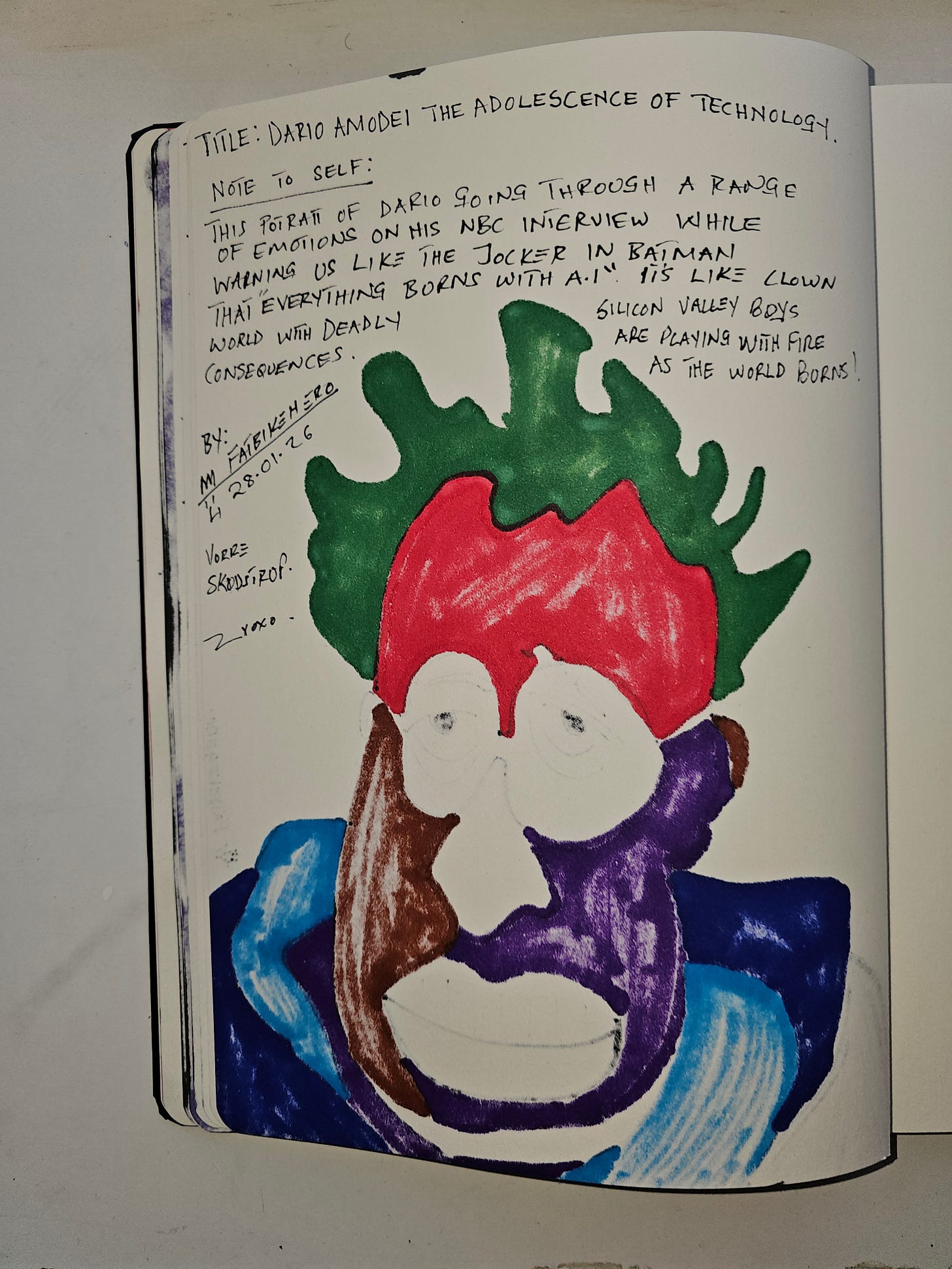Handwritten sketchbook notes by artist FatbikeHero dated January 28, 2026. The text reads "Title: Dario Amodei The Adolescence of Technology" and compares the tech CEO's warnings to the Joker in Batman, referencing "Clown World with deadly consequences." Handwritten sketchbook notes by artist FatbikeHero dated January 28, 2026. The text reads "Title: Dario Amodei The Adolescence of Technology" and compares the tech CEO's warnings to the Joker in Batman, referencing "Clown World with deadly consequences."