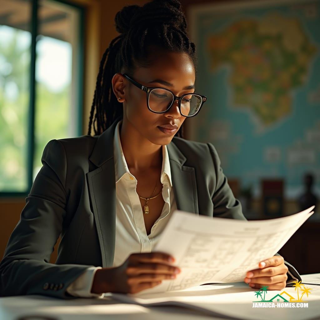 Beautiful light-skinned Rastafarian woman with subtle Chinese features, wearing a professional suit, glasses, and dreadlocks, intensely reviewing blueprints for a modern Jamaican property in a parish council planning department, surrounded by maps and architectural models, warm tropical light spilling in from the window, atmospheric shadows on her face, a look of focused concentration, cinematic lighting emphasizing the textures of her suit and the papers in her hands, film grain and vignette adding a sense of nostalgia and depth, color graded to evoke the vibrant spirit of Jamaica, post-processed to perfection, reminiscent of the works of Terrence Malick