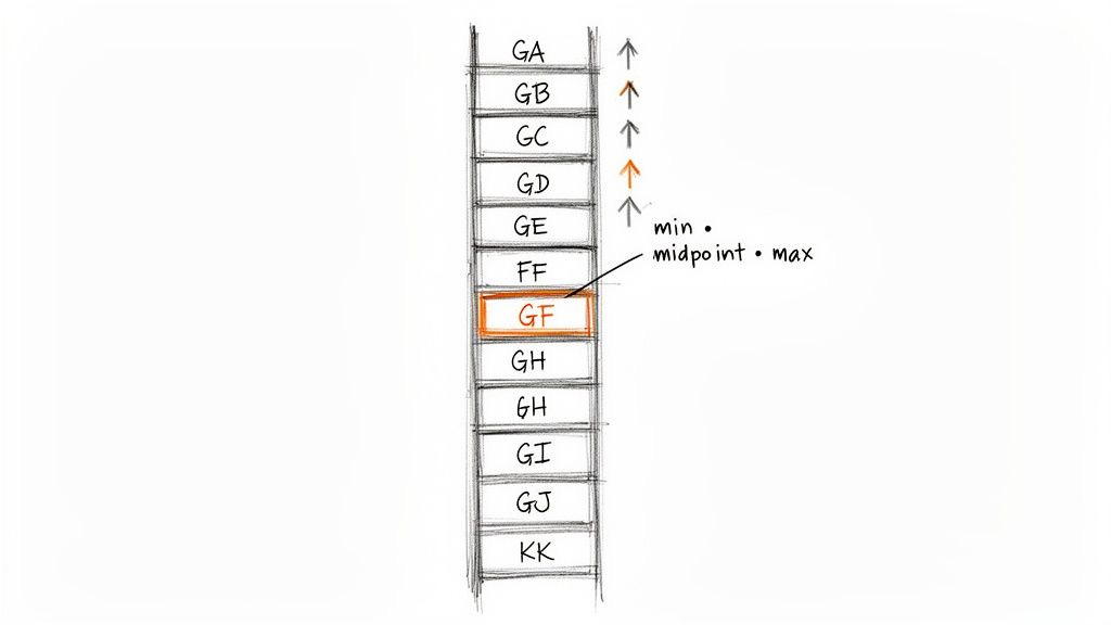 Diagram showing a sorted list of codes GA to KK, with GF highlighted as a midpoint.