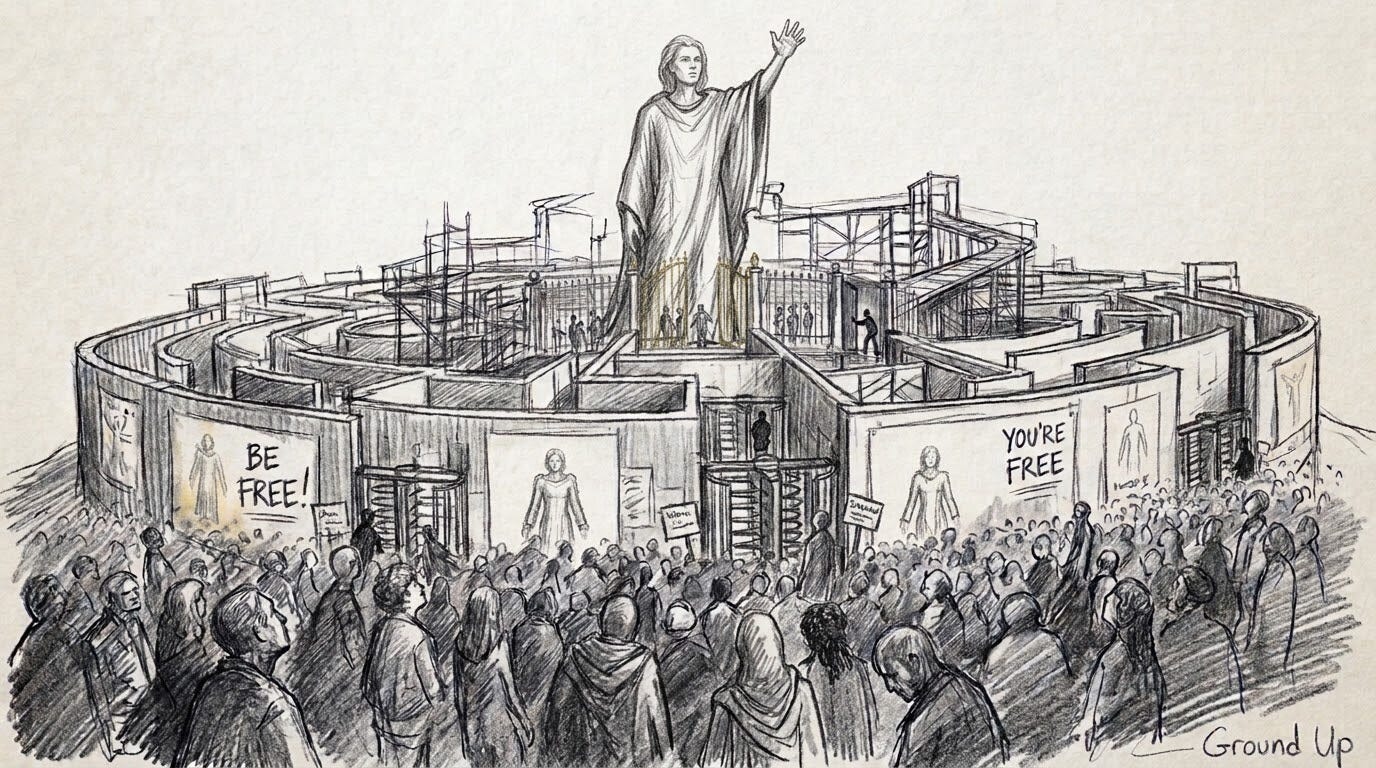 An image of a monument to the free individual behind protective barriers was created with Gemini