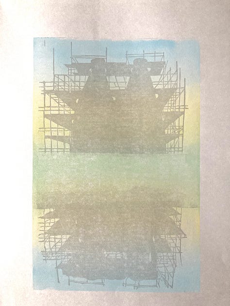 Five photos - 1. top to bottom, bands of light blue, warm light yellow, light green in the centre then yellow and blue reflected in water. 2. Black and white photo of the scaffolding-clad kilns lying on top of the block of lino with the beginnings of scaffolding showing at the top.. 3. the striped background with the completed silhouette printed in grey on it. 4. The same silhouette in yellow on white paper. 5. The same again with light silvery grey on white paper.