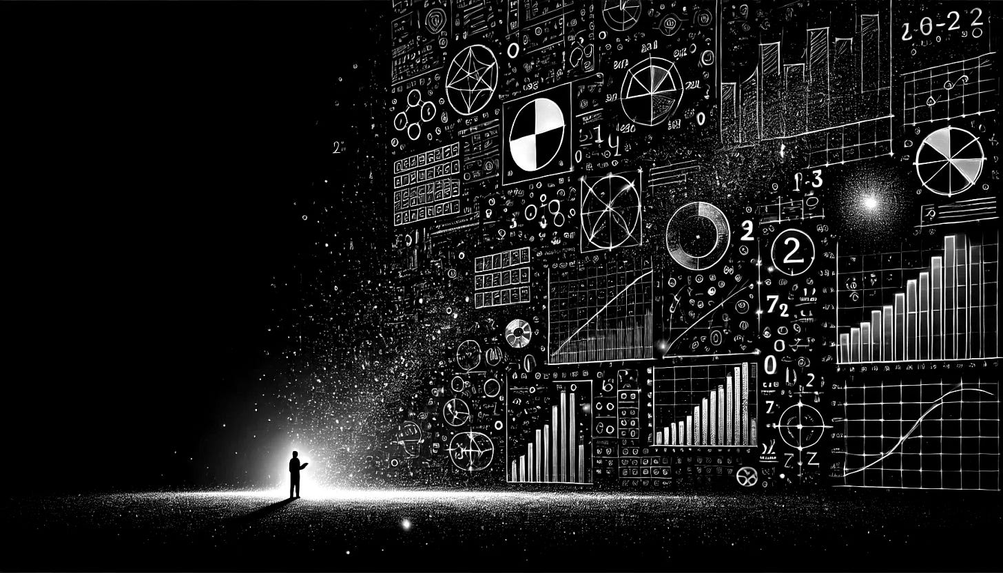 A minimalist, epic black-and-white sketch designed for Substack headers, featuring a small human figure intently studying a cascade of floating numbers, probability symbols, and simple charts. The composition is ultra-minimalist, with only a few essential glowing elements emerging from the darkness. The black background dominates, with vast empty space around the edges to create a striking contrast and enhance the sense of focus and analysis. The outer edges of the image are almost entirely black, emphasizing the central elements. The design is high-contrast, visually powerful, and suited for Substack header dimensions.