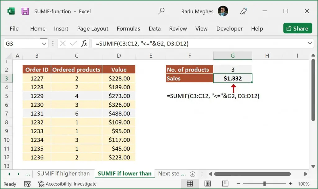 SUM IF less than a specified value formula