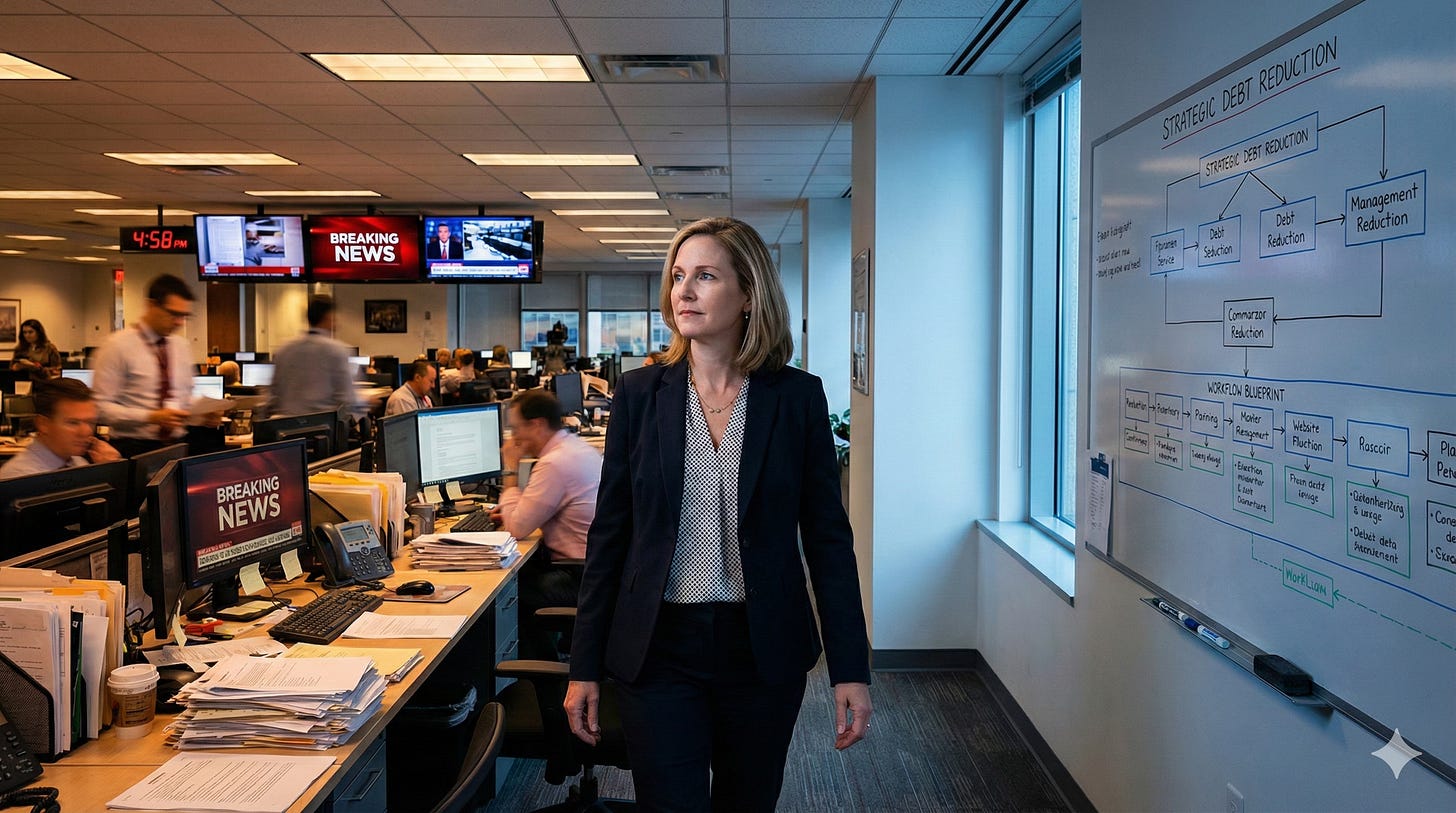 A photograph of a newsroom leader, a woman in a dark blazer, physically turning away from a chaotic row of desks with "BREAKING NEWS" screens, piles of paper, and a clock reading 4:58 PM. She is walking toward a quiet corridor on the right, looking at a large whiteboard displaying diagrams titled "STRATEGIC DEBT REDUCTION" and "Workflow Blueprint." A photograph of a newsroom leader, a woman in a dark blazer, physically turning away from a chaotic row of desks with "BREAKING NEWS" screens, piles of paper, and a clock reading 4:58 PM. She is walking toward a quiet corridor on the right, looking at a large whiteboard displaying diagrams titled "STRATEGIC DEBT REDUCTION" and "Workflow Blueprint."