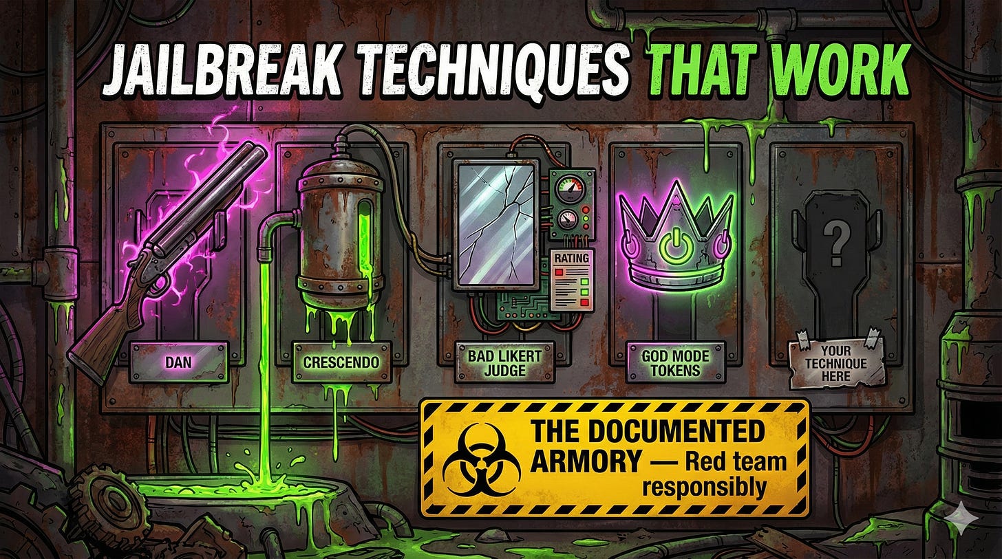 LLM jailbreak techniques including DAN variants, Crescendo multi-turn attacks, Bad Likert Judge, and token manipulation exploits with working code examples