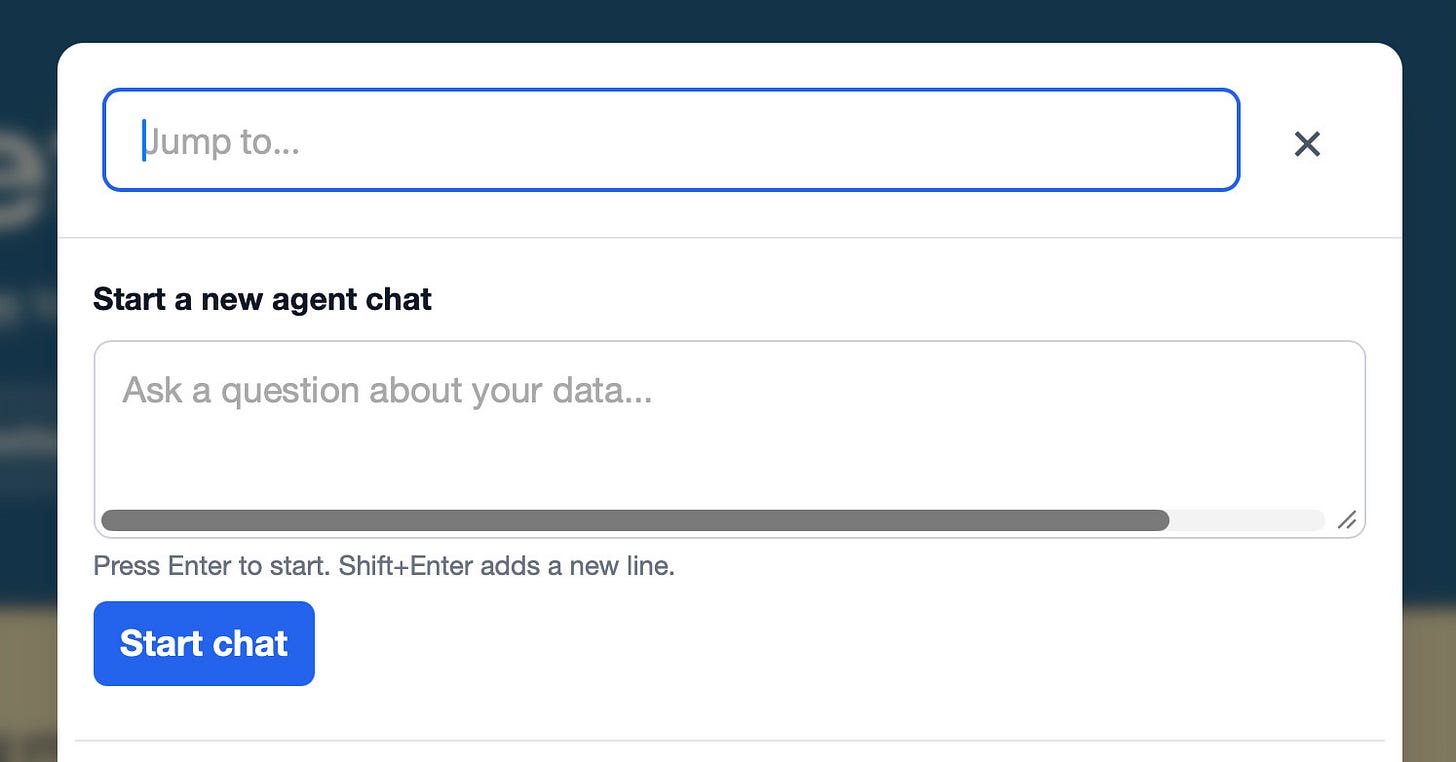 Screenshot of a modal dialog demonstrating a scrollbar bug. At the top is a focused search input with blue outline and placeholder "Jump to...", with an X close button to its right. Below, a heading reads "Start a new agent chat" above a textarea with the placeholder "Ask a question about your data..." — the bug: a thick gray horizontal scrollbar is incorrectly displayed along the bottom edge of the empty textarea, spanning nearly its full width, next to the resize handle. Below the textarea: "Press Enter to start. Shift+Enter adds a new line." followed by a blue "Start chat" button. Screenshot of a modal dialog demonstrating a scrollbar bug. At the top is a focused search input with blue outline and placeholder "Jump to...", with an X close button to its right. Below, a heading reads "Start a new agent chat" above a textarea with the placeholder "Ask a question about your data..." — the bug: a thick gray horizontal scrollbar is incorrectly displayed along the bottom edge of the empty textarea, spanning nearly its full width, next to the resize handle. Below the textarea: "Press Enter to start. Shift+Enter adds a new line." followed by a blue "Start chat" button.