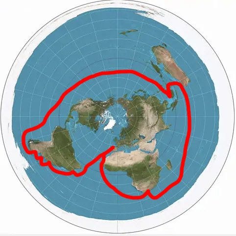 A top-down map of the Earth with the Magellan-Elanco route drawn in red. A top-down map of the Earth with the Magellan-Elanco route drawn in red.