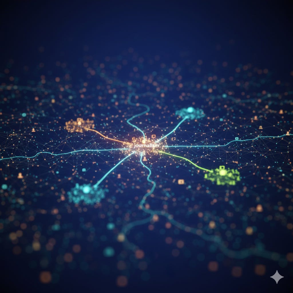 An abstract digital image of a network on a dark blue background. A central, glowing node labeled 'Journalism' is in sharp focus, connecting via bright, wavy pathways to several other clusters of nodes, all set against a diffuse background of a wider community network.