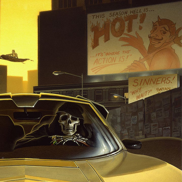 LEFT: Detail from THANATOS featuring a view up the hood of a yellow sports car to Death leaning on the steering wheel. It wears a black cloak that reveals skeletal face and bony hands. The ornament on the hood is the artists sigil, the stylized letters M and W combined within a circle. Above, less noticeable, is the copyright date 1983. RIGHT: Figure detail from THANATOS featuring Death resting his bony hands on the steering wheel of a sports car. His fingers are fanned and there is a smooth translucent yellow stone between his index and ring fingers then a green stone between middle and ring finger. The billboard behind shows a cartoonish picture of the devil with the text "This season hell is HOT! ...it's where the ACTION IS!" Another cut off billboard reads, “SINNERS! WHY WAIT? SATAN…”