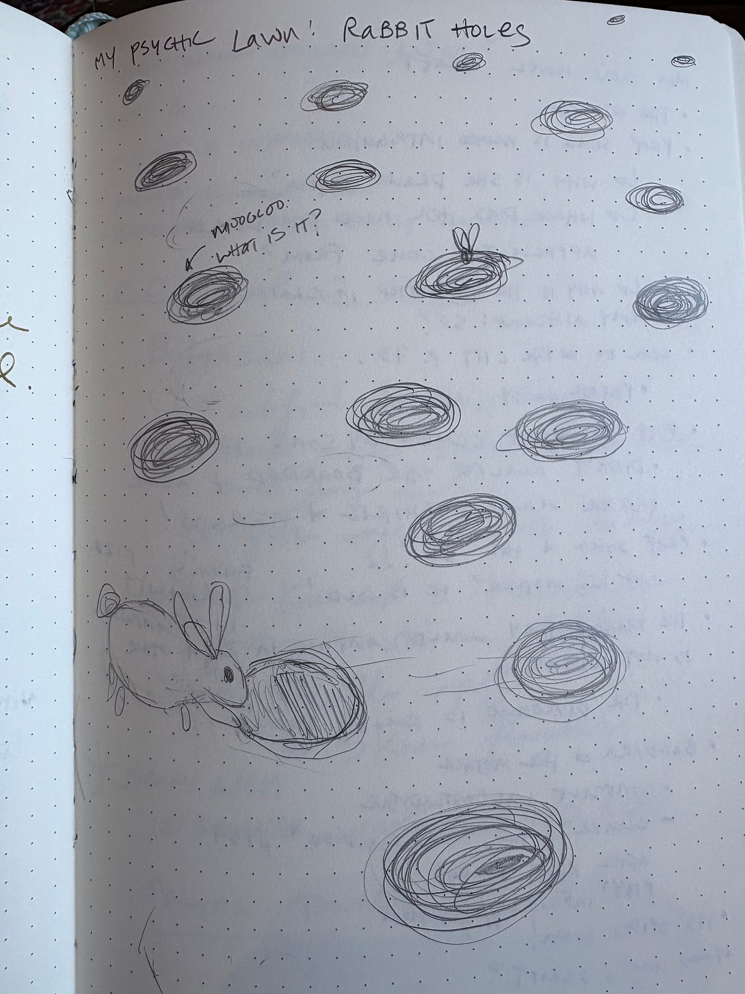 pencil drawing entitled "My Psychic Lawn: Rabbit Hole" with scribbled black ovalettes everywhere symbolizing rabbit holes, some with just a pair of rabbit ears peeking out, and the most forefront of which is a rabbit aside a hole. One hole has an arrow pointing to it with the words "nooooooo: what is it?" symbolizing how my psychic landscape is full of these rabbit holes of research and ideas and obsessions and interests and side quests.