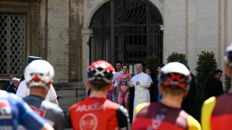 Pope Leo greeting the 159 cyclists from the Giro d'Italia Pope Leo greeting the 159 cyclists from the Giro d'Italia
