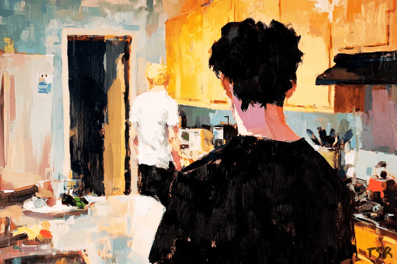 Two young men—one dark-haired, the other blonde—stand with their backs to the viewer in a sunlit kitchen. The dark-haired one watches the other, a moment charged with intimacy. Two young men—one dark-haired, the other blonde—stand with their backs to the viewer in a sunlit kitchen. The dark-haired one watches the other, a moment charged with intimacy.