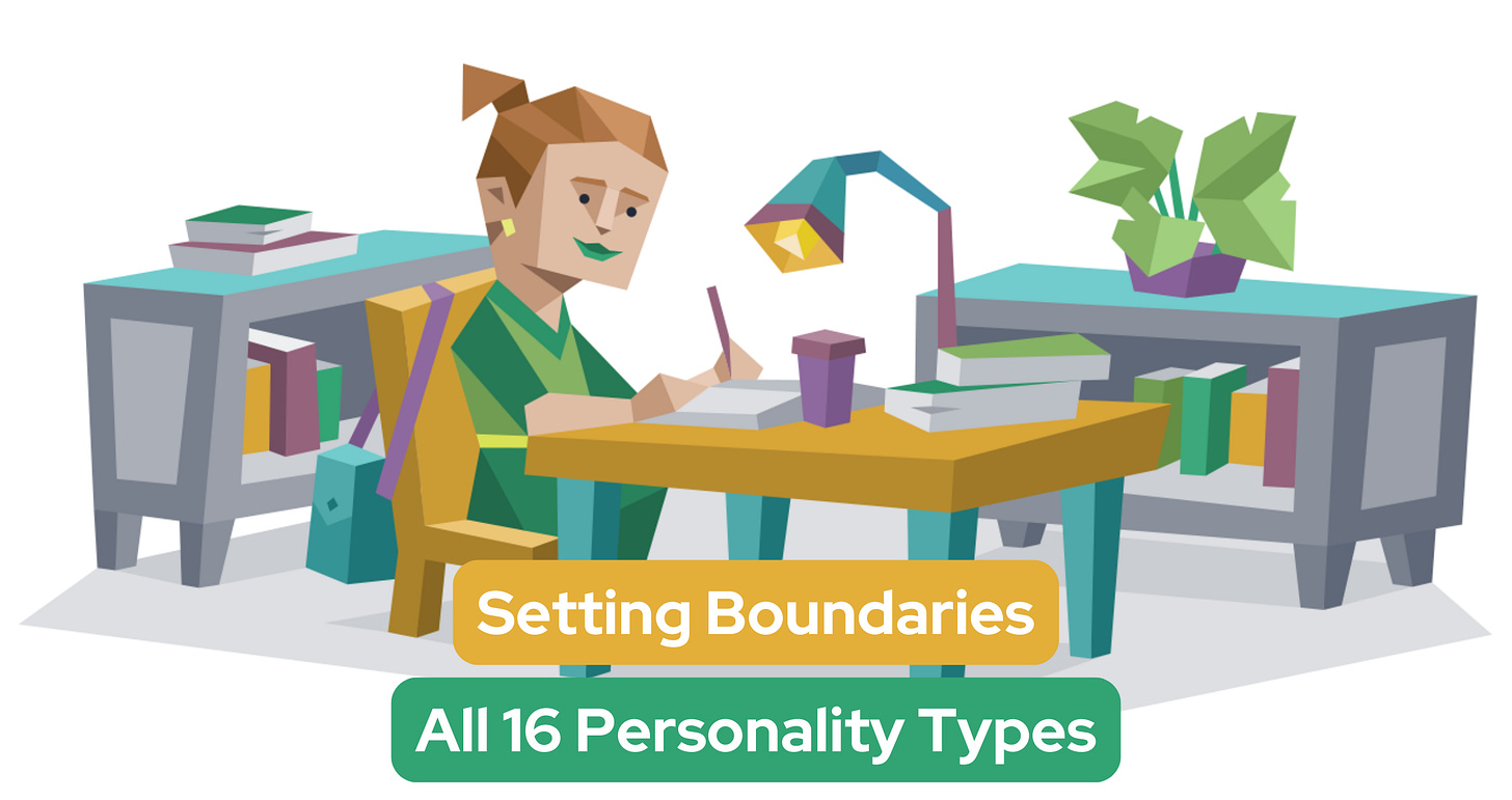 A woman sits at a desk in a library writing in a notebook. She is surrounded by shelves of books. Text reads: Setting Boundaries: All 16 Personality Types