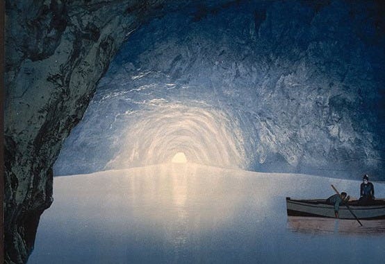 A drawing of an icy blue grotto with two figures in a boat at the far right and an opening in the back wall emitting brilliant white light over the scene.