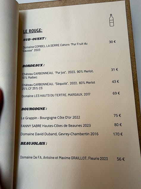 Wine list at Argile restaurant, Paris