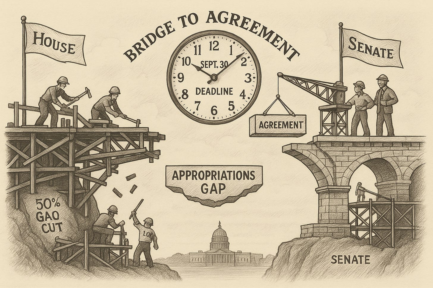 An image of the House and Seante building different sides of a bridge. The Senate's side is well constructed, the House is shoddy.