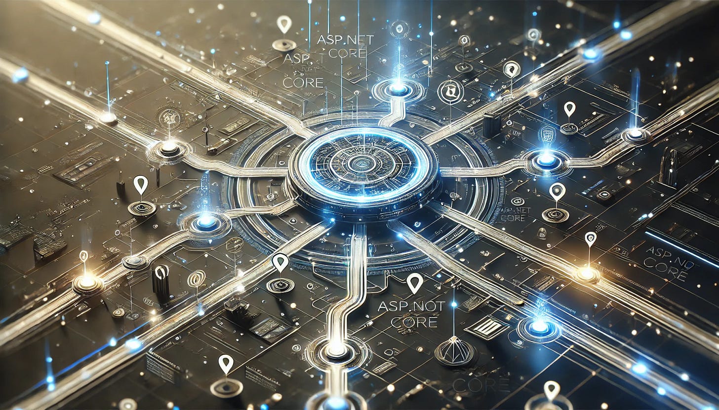 Digital illustration of ASP.NET Core routing with branching paths from a central hub in a tech-themed style. Digital illustration of ASP.NET Core routing with branching paths from a central hub in a tech-themed style.