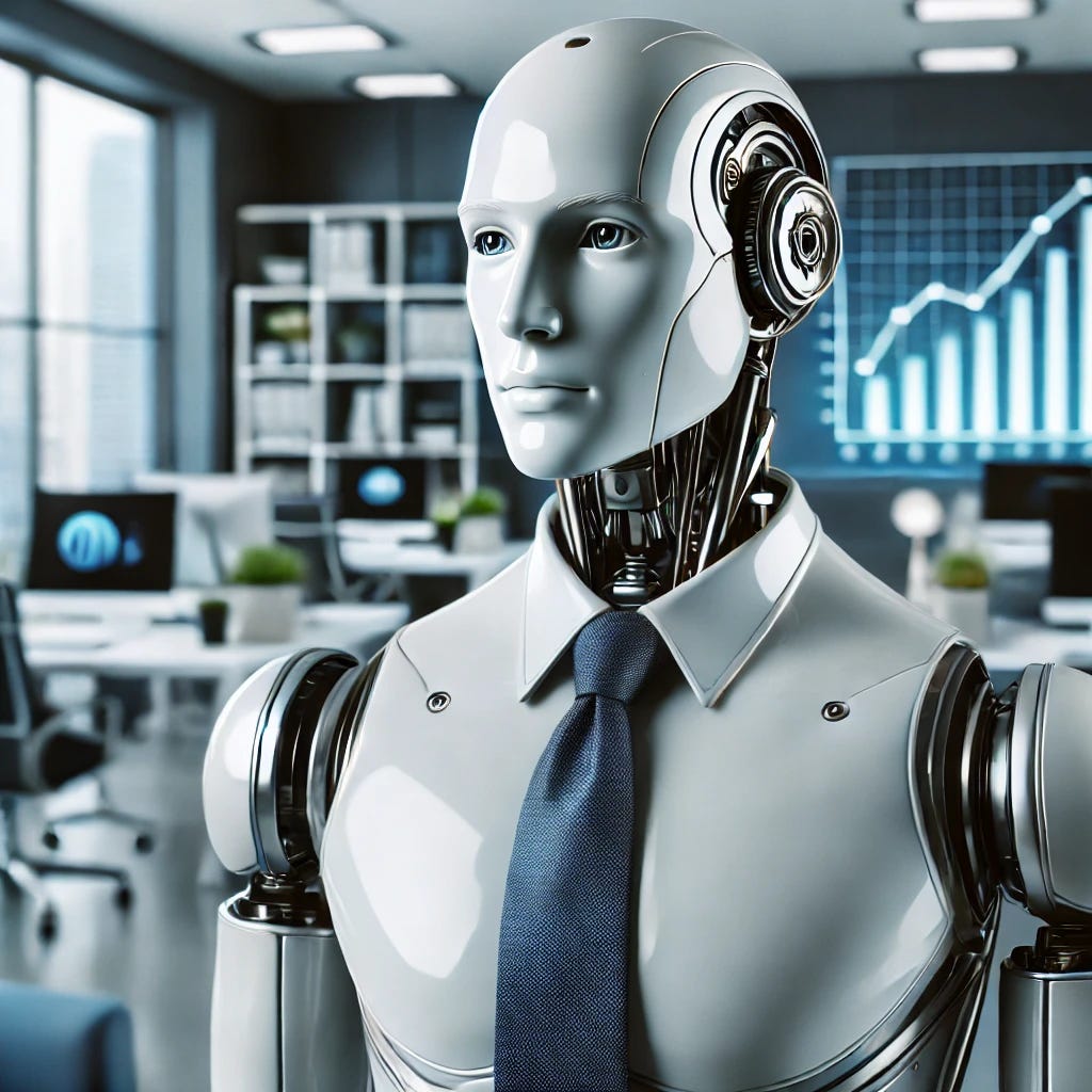 An image of a humanoid male robot in a modern office setting. The robot has a sleek, futuristic design with a smooth, metallic face, and is wearing only a tie, without any hair or other clothing. The background should include subtle office elements like desks, computers, and charts, emphasizing a business environment. The focus is entirely on the robot, highlighting its role as an intelligent advisor in a professional setting. The overall mood should be futuristic and professional.