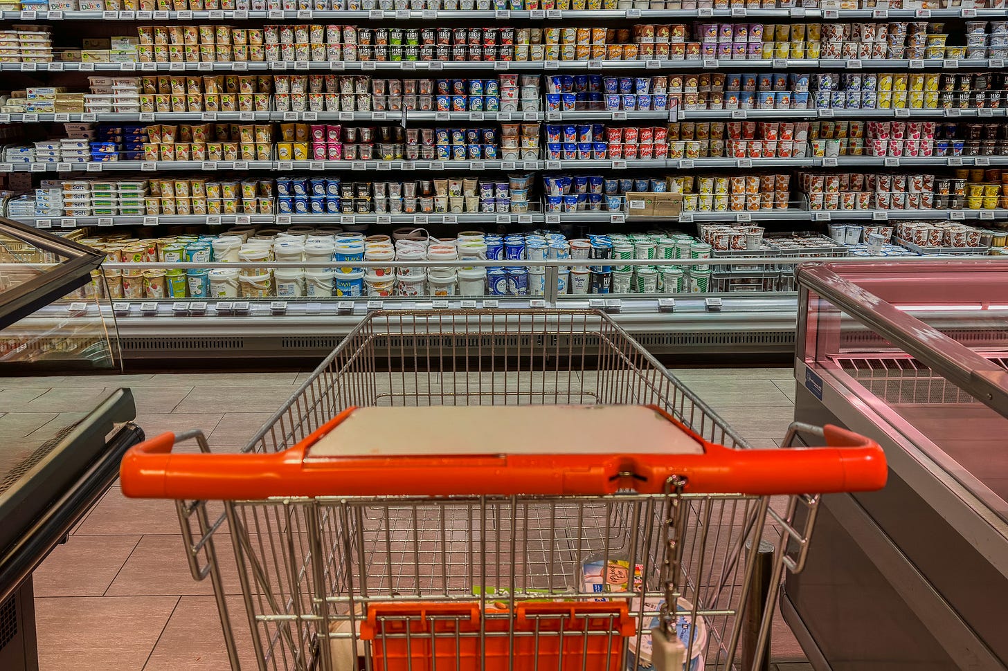 Blick über einen Einkaufswagen auf ein grosses Kühlregal im Supermarkt, dicht gefüllt mit Joghurt, Quark, Butter und weiteren Milchprodukten in zahlreichen Verpackungen und Sorten.