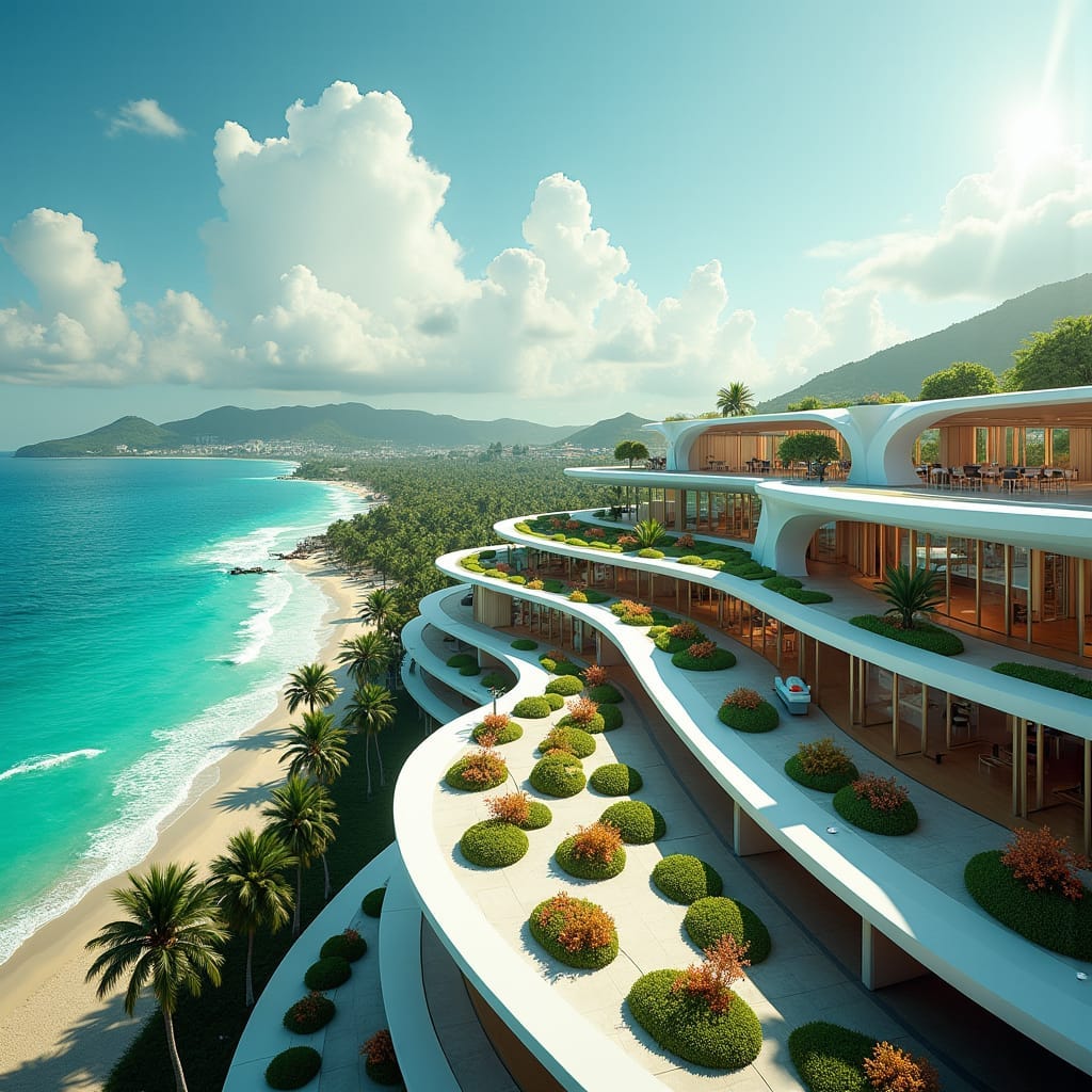 A modern, futuristic school in Montego Bay, nestled between the vibrant cityscape and the turquoise Caribbean Sea, its sleek, curved glass facades reflecting the ocean's waves. The open, airy architecture blends seamlessly with the rooftop park's lush tropical greenery, where shade trees and vibrant flowers thrive amidst comfortable study nooks. Inside, tech-enhanced classrooms hum with innovation, as students interact with cutting-edge digital tools on flexible, curvilinear workstations. A gleaming, cantilevered gym appears to float above the ocean's surface, its expansive windows framing breathtaking views of the sea. Colors are cool, blue-green, with warm sandy tones and coral highlights. Inspired by the futuristic visions of Syd Mead, the atmospheric, cinematic style of Denis Villeneuve A modern, futuristic school in Montego Bay, nestled between the vibrant cityscape and the turquoise Caribbean Sea, its sleek, curved glass facades reflecting the ocean's waves. The open, airy architecture blends seamlessly with the rooftop park's lush tropical greenery, where shade trees and vibrant flowers thrive amidst comfortable study nooks. Inside, tech-enhanced classrooms hum with innovation, as students interact with cutting-edge digital tools on flexible, curvilinear workstations. A gleaming, cantilevered gym appears to float above the ocean's surface, its expansive windows framing breathtaking views of the sea. Colors are cool, blue-green, with warm sandy tones and coral highlights. Inspired by the futuristic visions of Syd Mead, the atmospheric, cinematic style of Denis Villeneuve