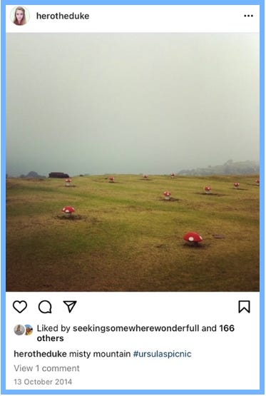 Hero posts: A photo of red and white toadstool statues in the mist. Text reads: misty mountain #ursulaspicnic