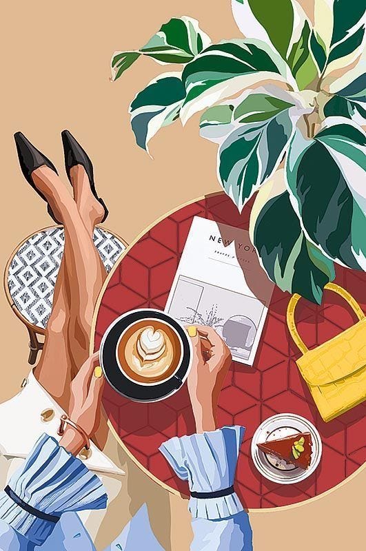 This may contain: a woman sitting at a table with a cup of coffee in front of her feet