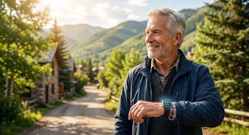 Man walking outside wearing a smartwatch. Man walking outside wearing a smartwatch.