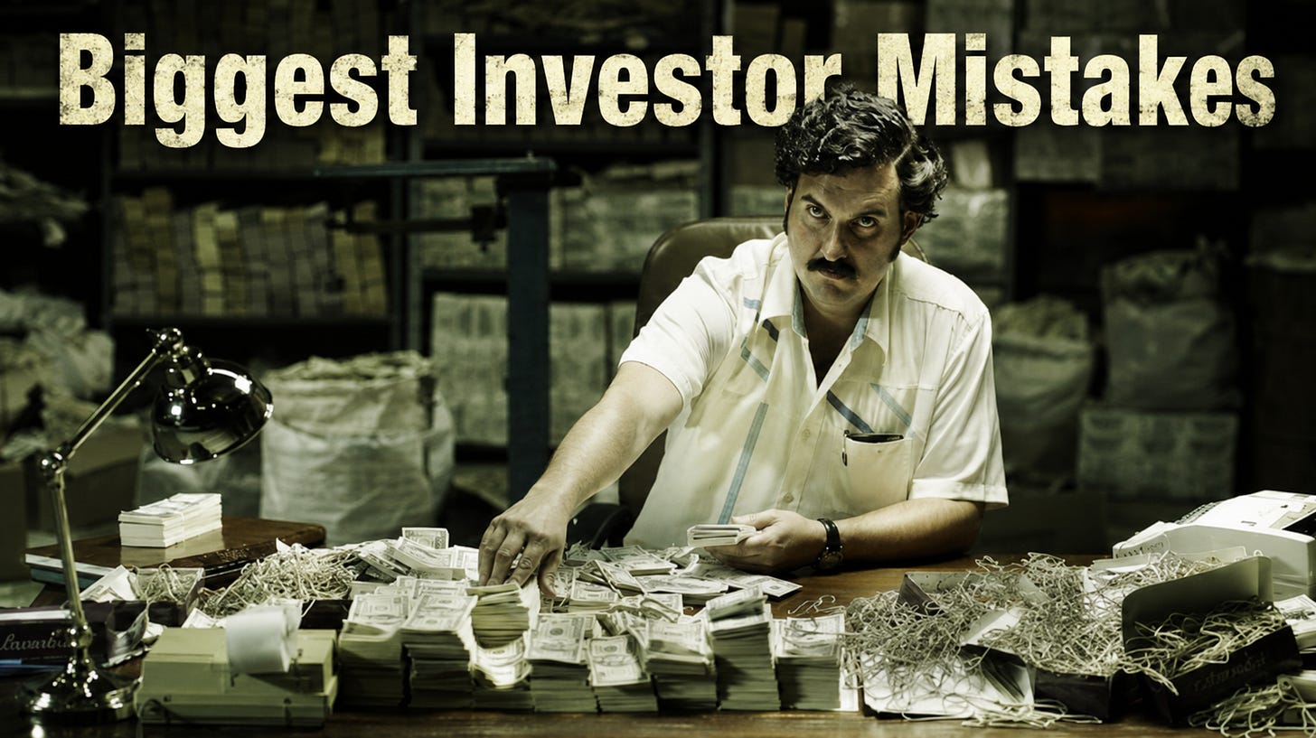 Man counting stacks of cash at a cluttered desk beneath the headline “Biggest Investor Mistakes.” Man counting stacks of cash at a cluttered desk beneath the headline “Biggest Investor Mistakes.”