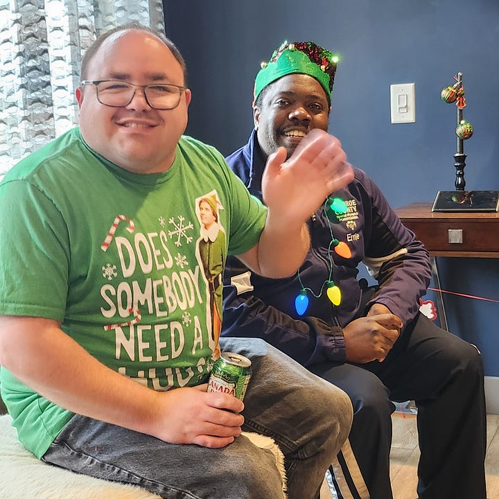 top left, three people with Rutgers shirts at an event, bottom left Boy with a green balloon, top right two friends at a Christmas party, bottom right, Julia, the author.