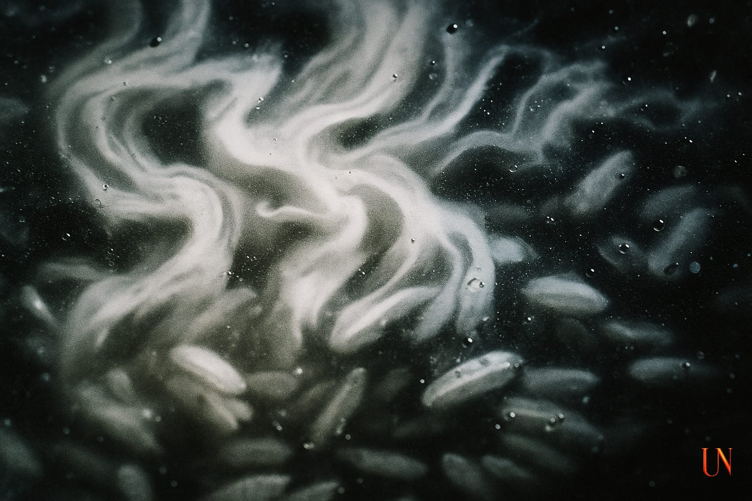 Close-up of rice submerged in water, clouds of starch swirling like ghostly smoke. A visual metaphor for clarity emerging through repetition.